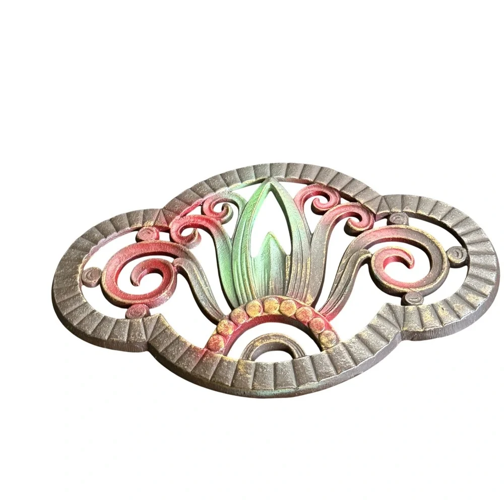 Vintage JUDD Cast Iron Curtain‎ Tieback Art Nouveau Scroll Red Green Gold Metal